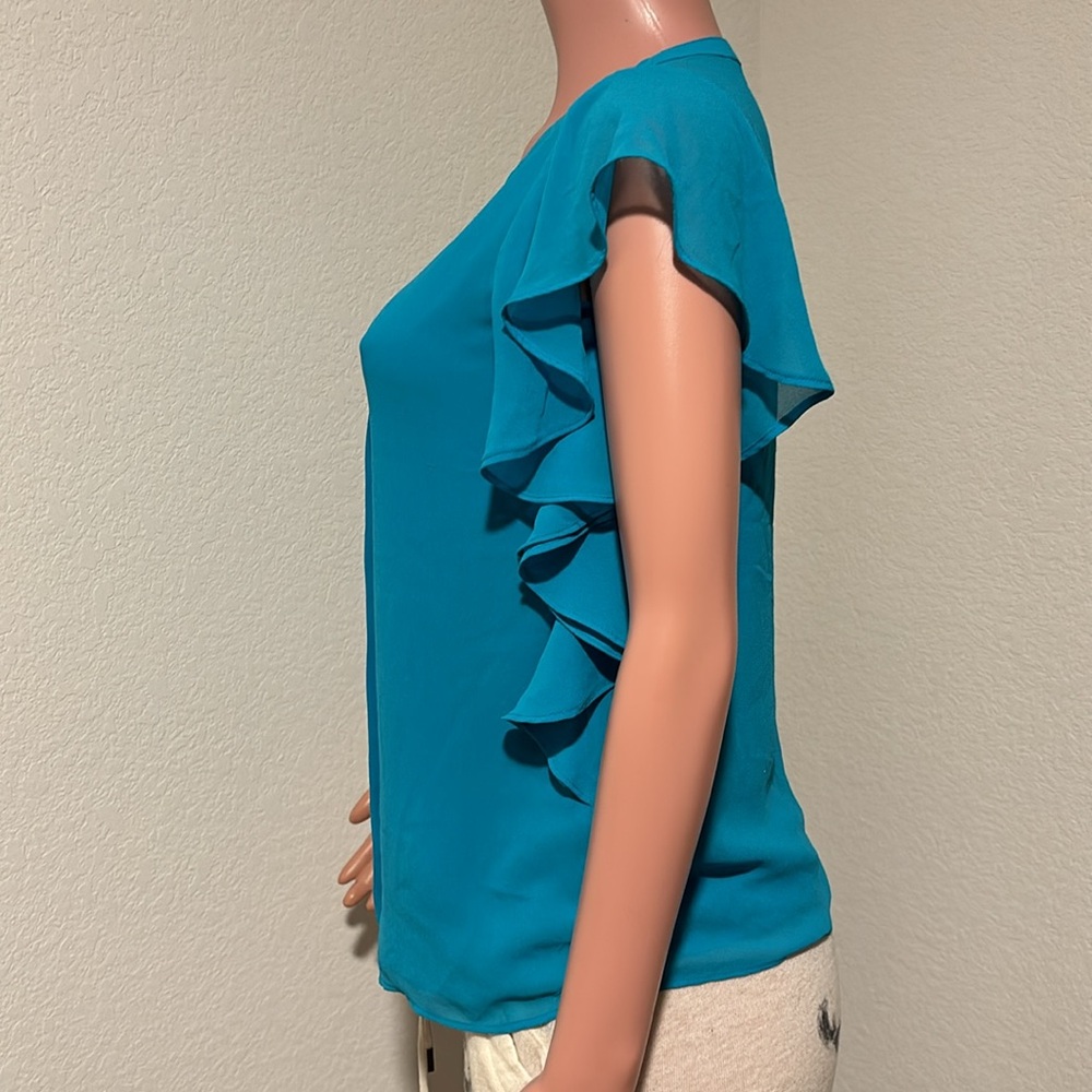 Sheer Ruffle Blue Roz & Ali Blouse (XS) - Picture 2 of 5